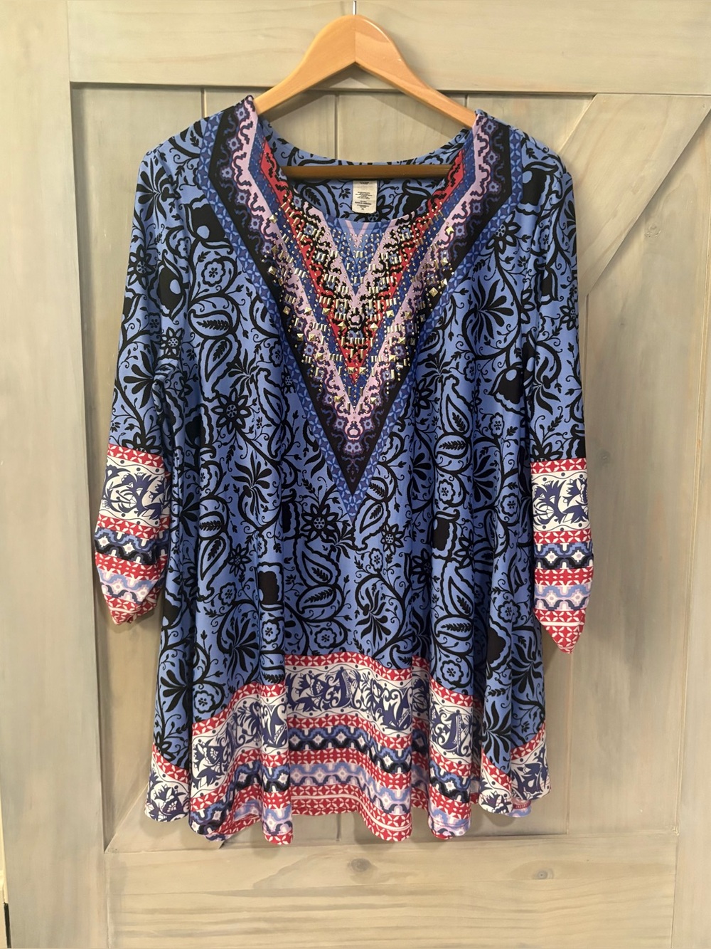 Blue Floral Top with V-Front Gold Embellishment